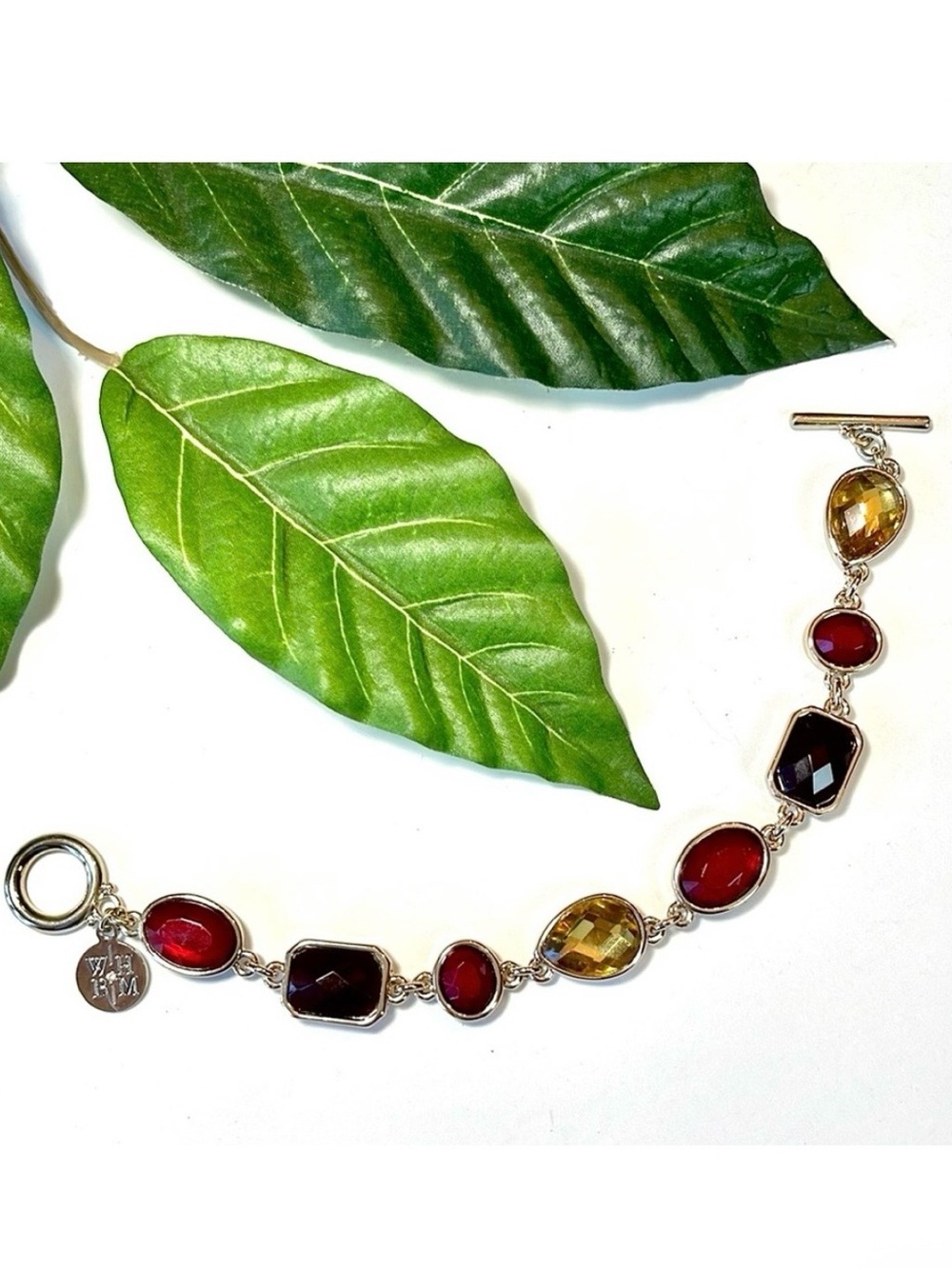 WHBM BURGUNDY & GOLD STONE TOGGLE BRACELET